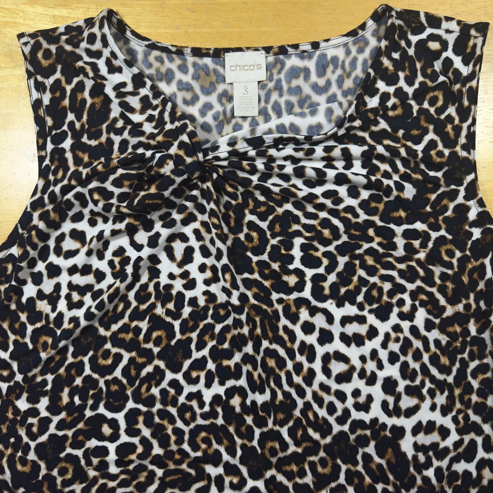 Chico's Leopard Animal Print Shift Dress Sleeveless Casual Party Beige Black‎ 3